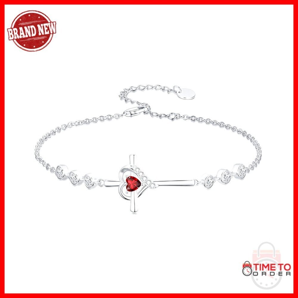 Sterling Silver Cross Birthstone Charm Link Bracelet 7"+2" Adjustable